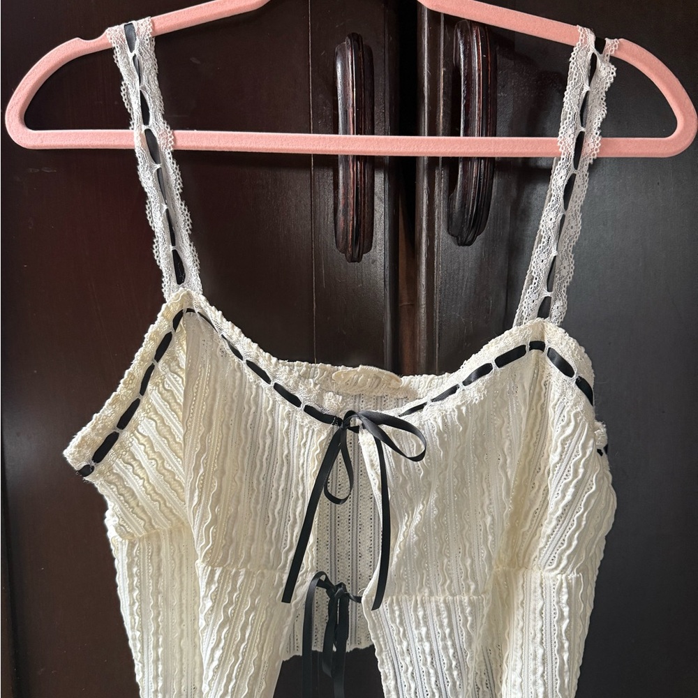 Lace Trimmed Cream Top with Black Accents